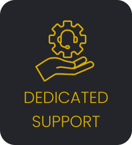 A gentle hand offers a headset icon inside a gear, with the words "Dedicated Support" below the image.