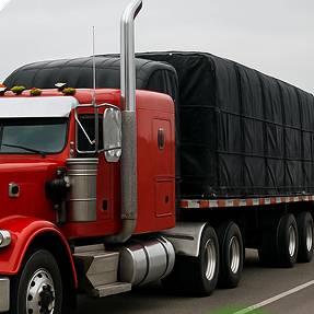 A red semi-truck hauling a flatbed trailer covered with a black tarp