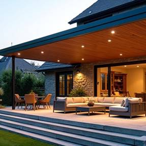 Modern home with a covered outdoor patio and cozy seating area.